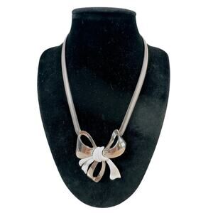 Silver Tone Bow Pendant Necklace White Enamel Contrast 16” Statement Snake Chain